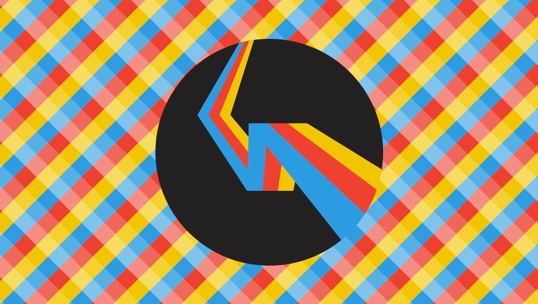 Abstract design with colorful stripes emerging from a black circle over a checkered background.